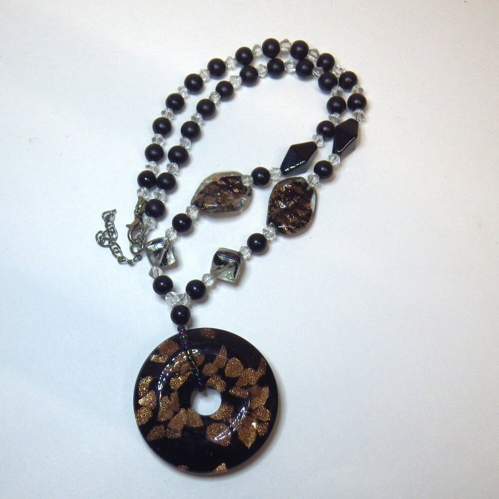 Blown Glass Round Pendant Necklace Black and Copper Unique 20" adjustable